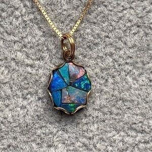 Zales 14k Yellow Gold Australian Black Opal Mosaic Pendant Chain Necklac…